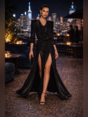 Zhivago Metallic Black Double Slit Gown XS Formal Evening Dress